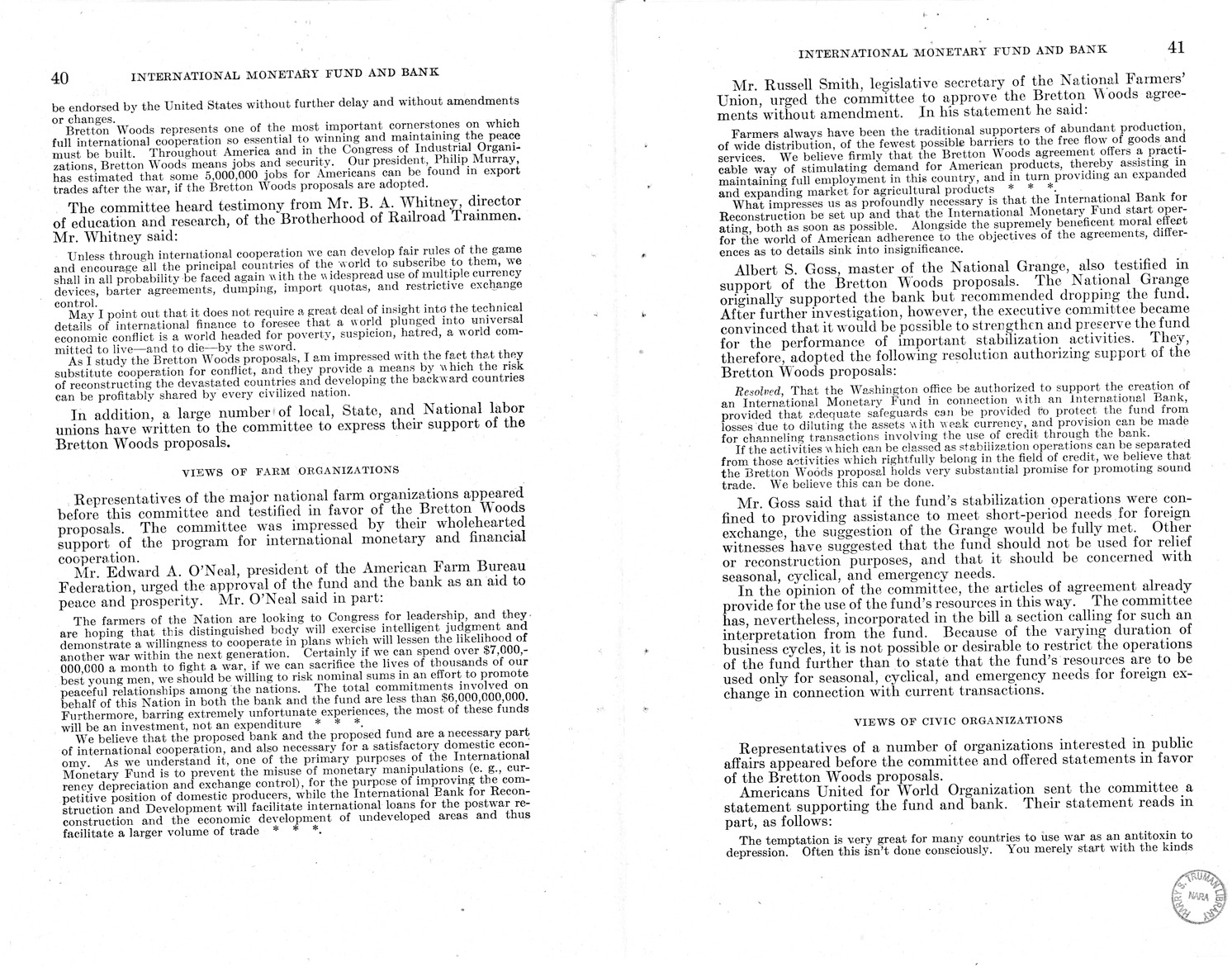 Memorandum from Harold D. Smith to M. C. Latta, H.R. 3314, to Provide for the Participation of the United States in the International Monetary Fund and the International Bank for Reconstruction and Development, with Attachments