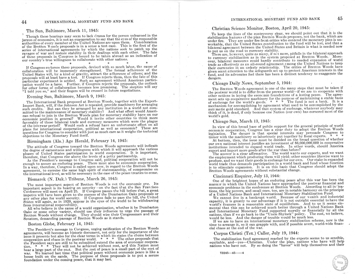 Memorandum from Harold D. Smith to M. C. Latta, H.R. 3314, to Provide for the Participation of the United States in the International Monetary Fund and the International Bank for Reconstruction and Development, with Attachments