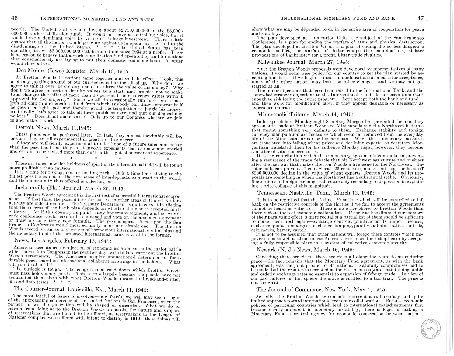 Memorandum from Harold D. Smith to M. C. Latta, H.R. 3314, to Provide for the Participation of the United States in the International Monetary Fund and the International Bank for Reconstruction and Development, with Attachments