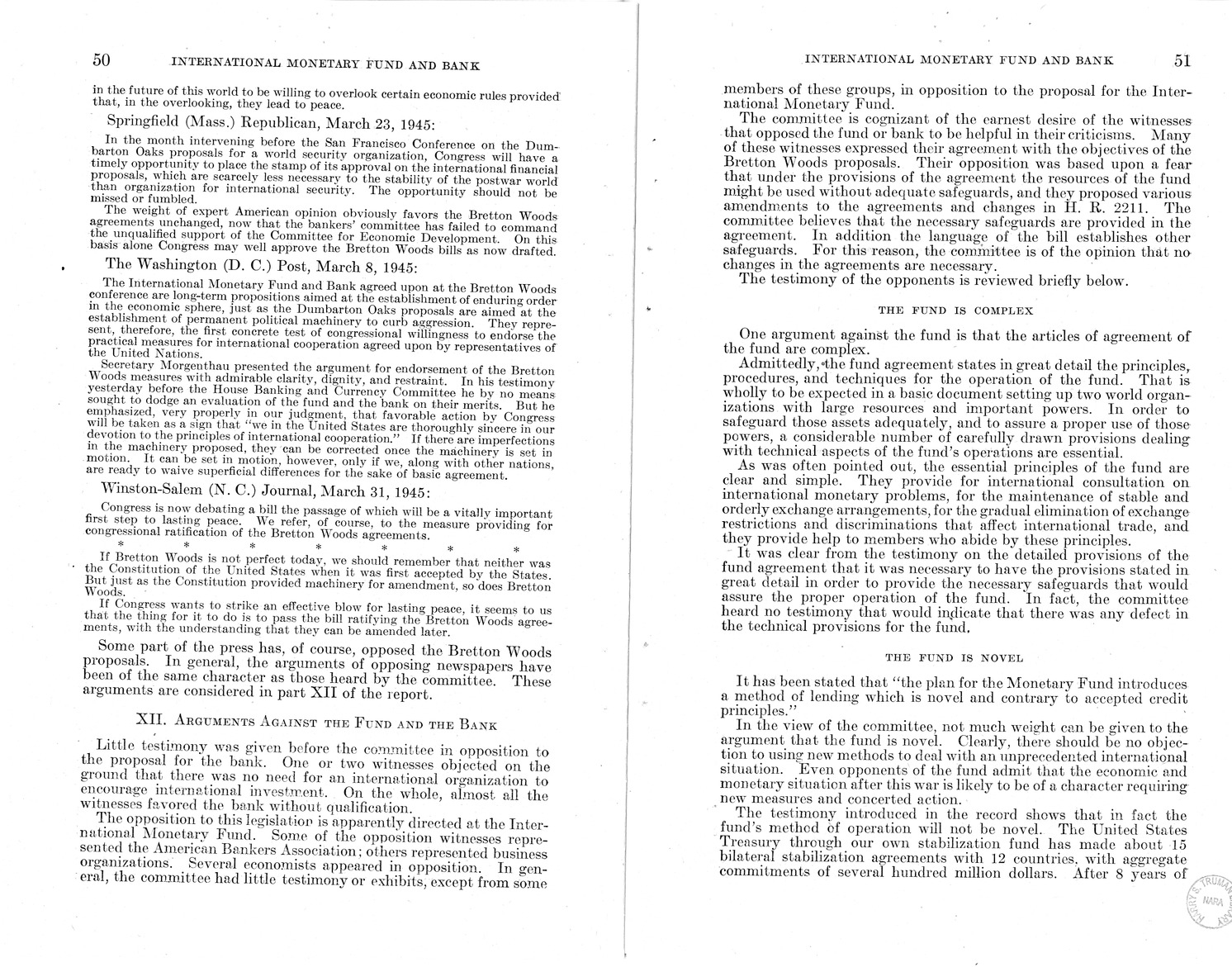 Memorandum from Harold D. Smith to M. C. Latta, H.R. 3314, to Provide for the Participation of the United States in the International Monetary Fund and the International Bank for Reconstruction and Development, with Attachments