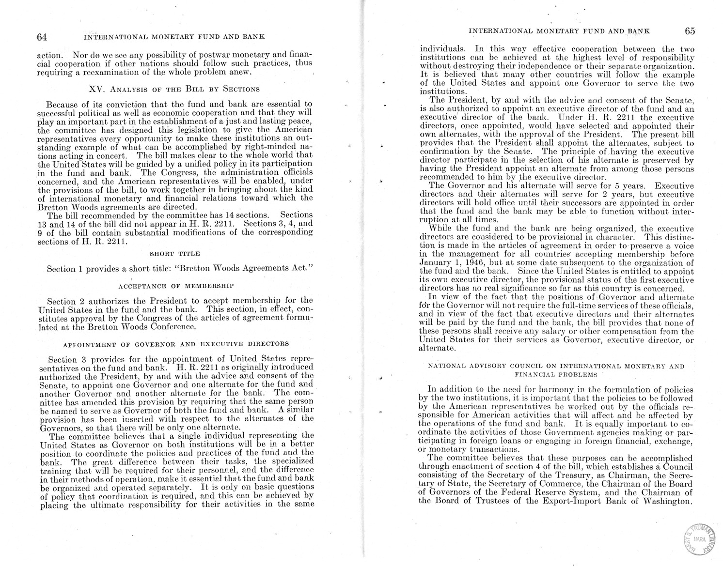 Memorandum from Harold D. Smith to M. C. Latta, H.R. 3314, to Provide for the Participation of the United States in the International Monetary Fund and the International Bank for Reconstruction and Development, with Attachments