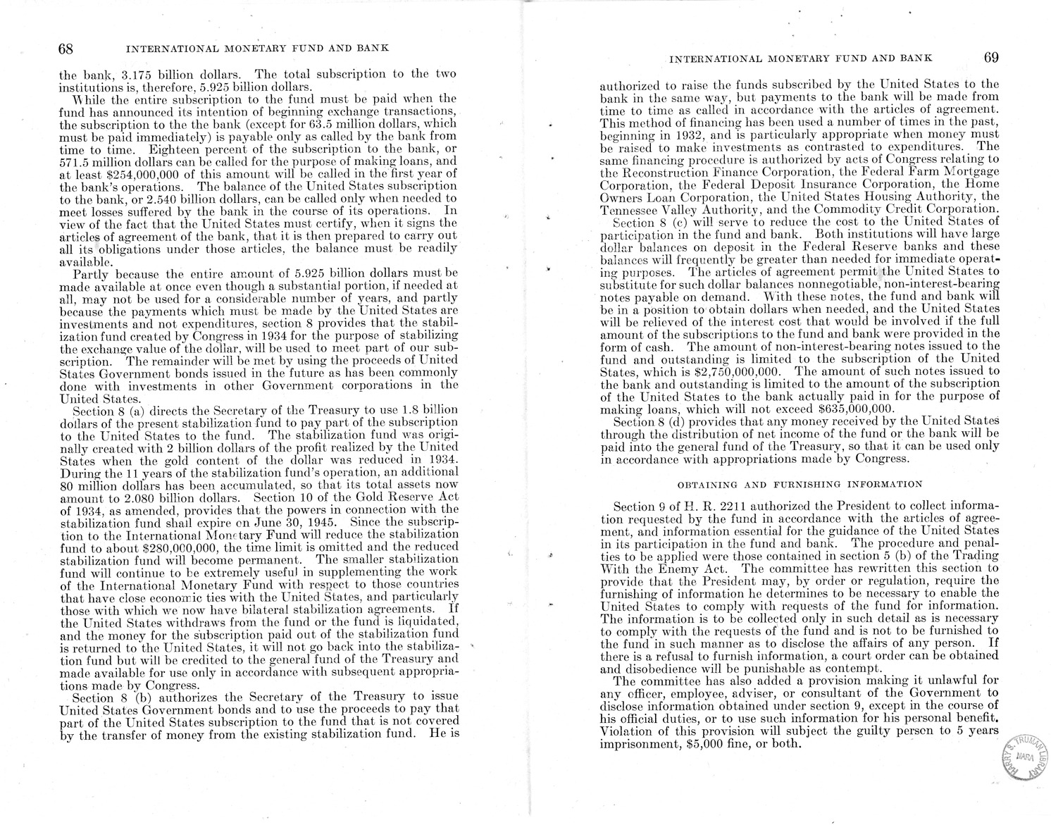 Memorandum from Harold D. Smith to M. C. Latta, H.R. 3314, to Provide for the Participation of the United States in the International Monetary Fund and the International Bank for Reconstruction and Development, with Attachments