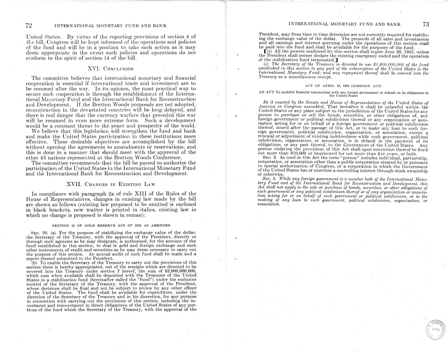 Memorandum from Harold D. Smith to M. C. Latta, H.R. 3314, to Provide for the Participation of the United States in the International Monetary Fund and the International Bank for Reconstruction and Development, with Attachments