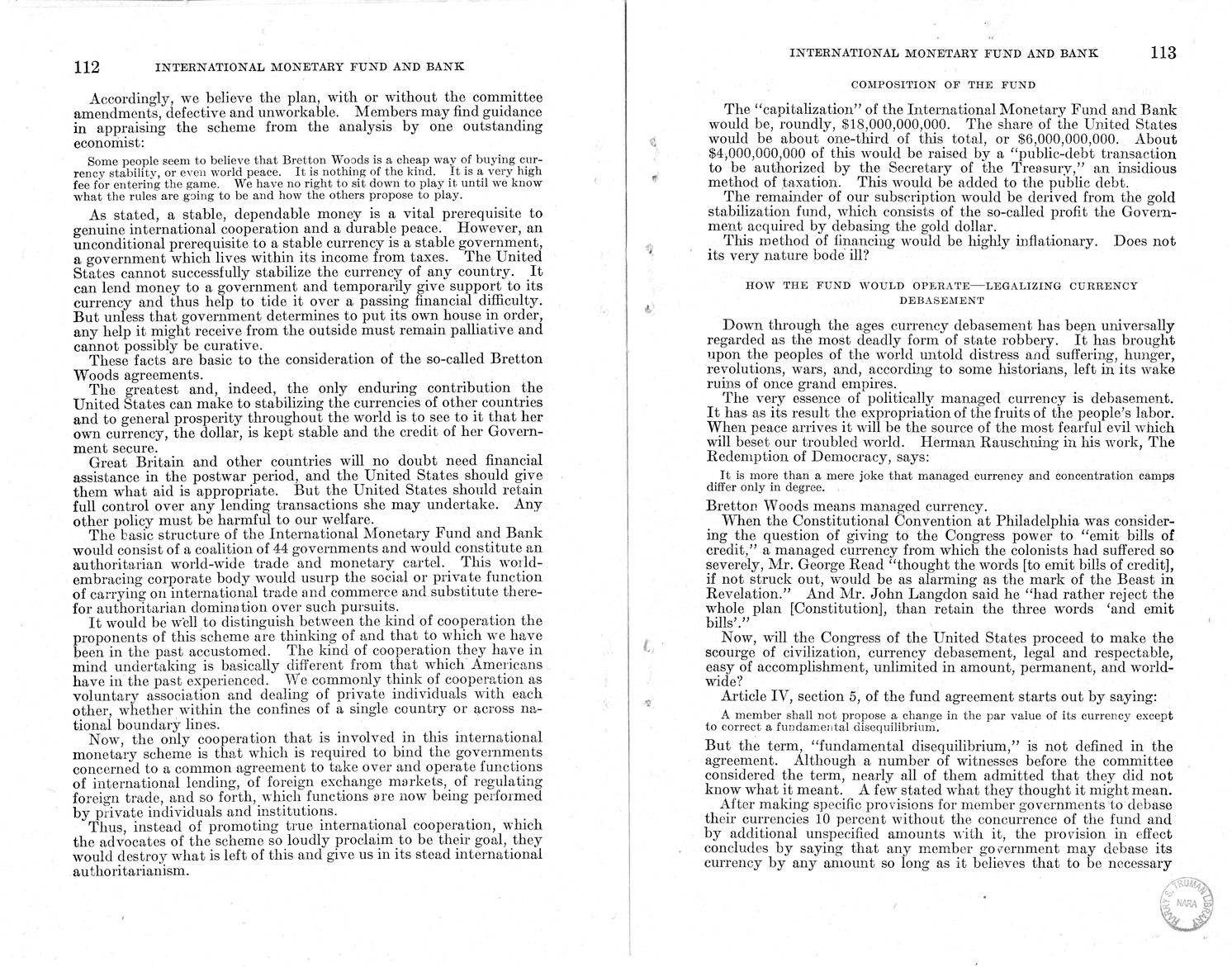 Memorandum from Harold D. Smith to M. C. Latta, H.R. 3314, to Provide for the Participation of the United States in the International Monetary Fund and the International Bank for Reconstruction and Development, with Attachments