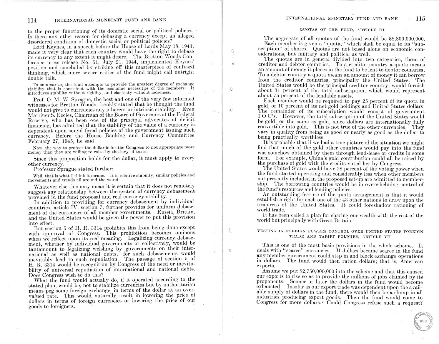 Memorandum from Harold D. Smith to M. C. Latta, H.R. 3314, to Provide for the Participation of the United States in the International Monetary Fund and the International Bank for Reconstruction and Development, with Attachments