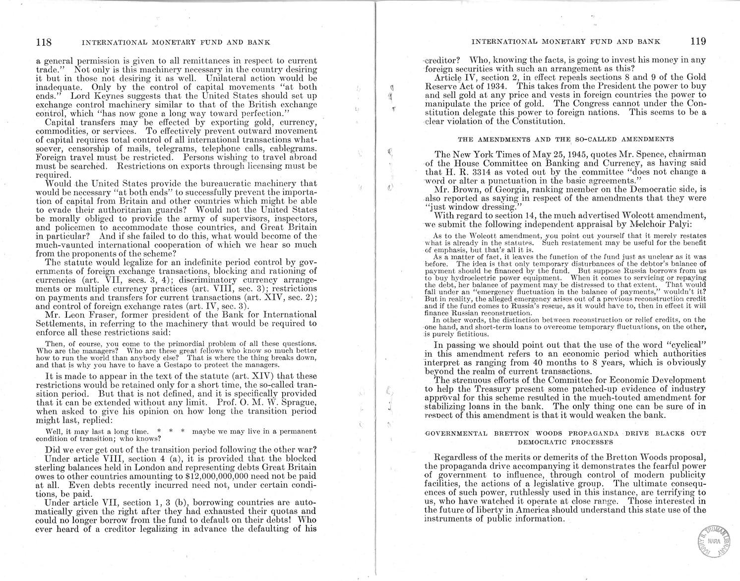 Memorandum from Harold D. Smith to M. C. Latta, H.R. 3314, to Provide for the Participation of the United States in the International Monetary Fund and the International Bank for Reconstruction and Development, with Attachments