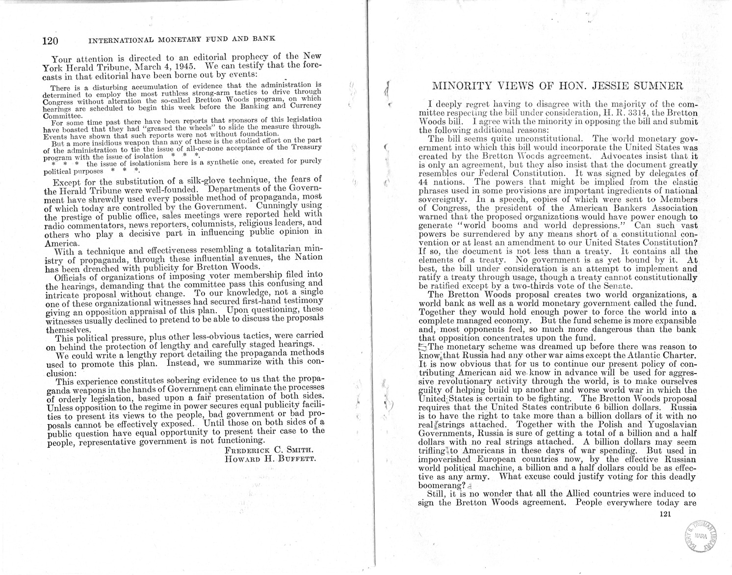 Memorandum from Harold D. Smith to M. C. Latta, H.R. 3314, to Provide for the Participation of the United States in the International Monetary Fund and the International Bank for Reconstruction and Development, with Attachments