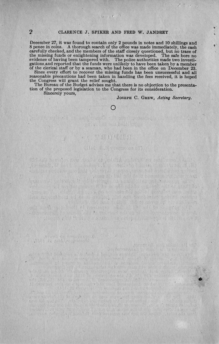 Memorandum from Harold D. Smith to M. C. Latta, H.R. 3417, For the Relief of Clarence J. Spiker and Fred W. Jandrey, with Attachments