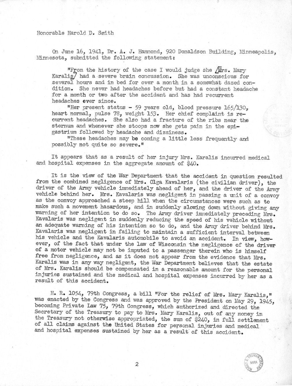 Memorandum from Harold D. Smith to M. C. Latta, H.R. 3419, For the Relief of the Estate of Mrs. Mary Karalis, with Attachments