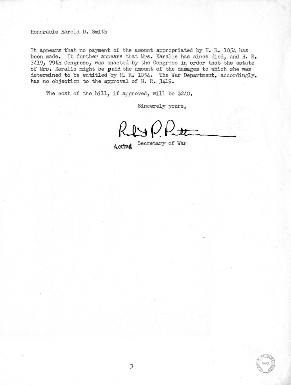 Memorandum from Harold D. Smith to M. C. Latta, H.R. 3419, For the Relief of the Estate of Mrs. Mary Karalis, with Attachments