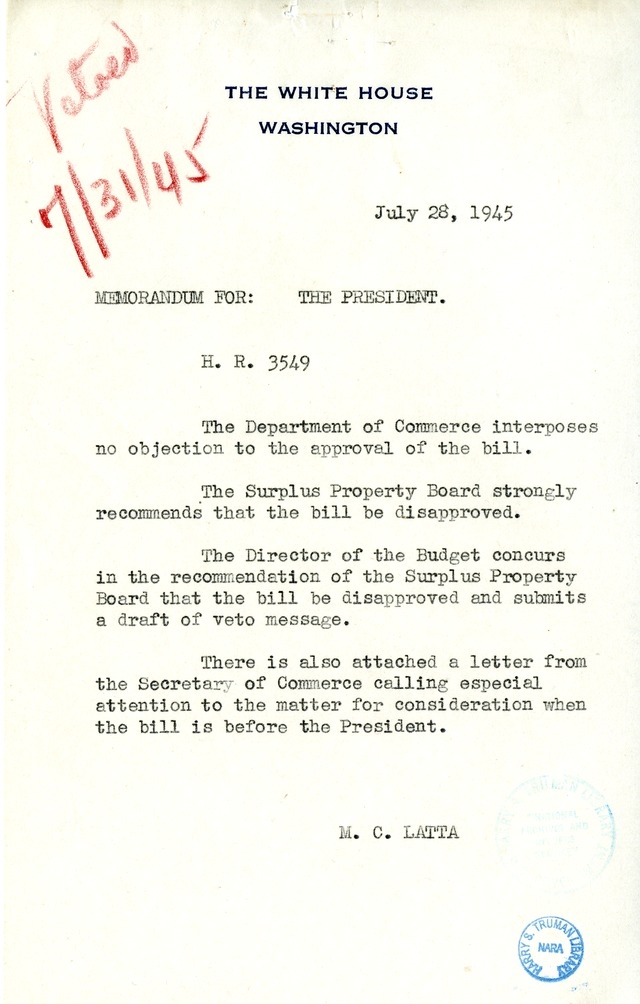 Memorandum from Harold D. Smith to M. C. Latta, H.R. 3549, To Provide for the Conveyance of Certain Weather Bureau Property to Norwich University, Northfield, Vermont, with Attachments