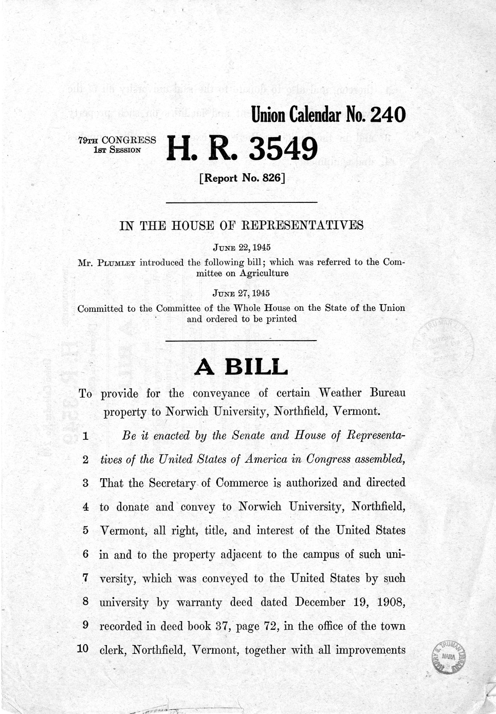 Memorandum from Harold D. Smith to M. C. Latta, H.R. 3549, To Provide for the Conveyance of Certain Weather Bureau Property to Norwich University, Northfield, Vermont, with Attachments