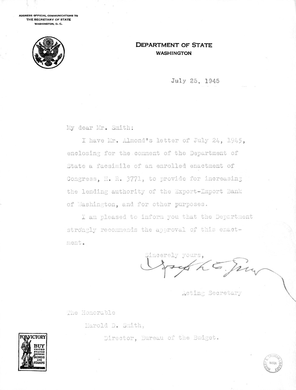 Memorandum from Harold D. Smith to M. C. Latta, H.R. 3771, To Provide for Increasing the Lending Authority of the Export-Import Bank of Washington, with Attachments