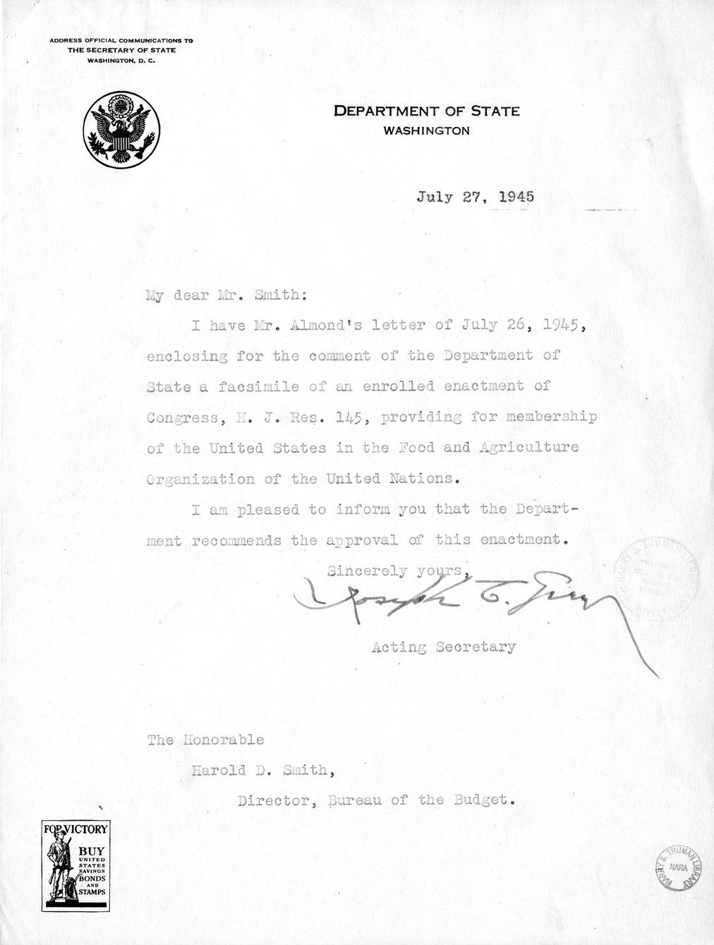 Memorandum from Harold D. Smith to M. C. Latta, H.J.Res. 145, Providing for Membership of the United States in the Food and Agriculture Organization of the United Nations, with Attachments