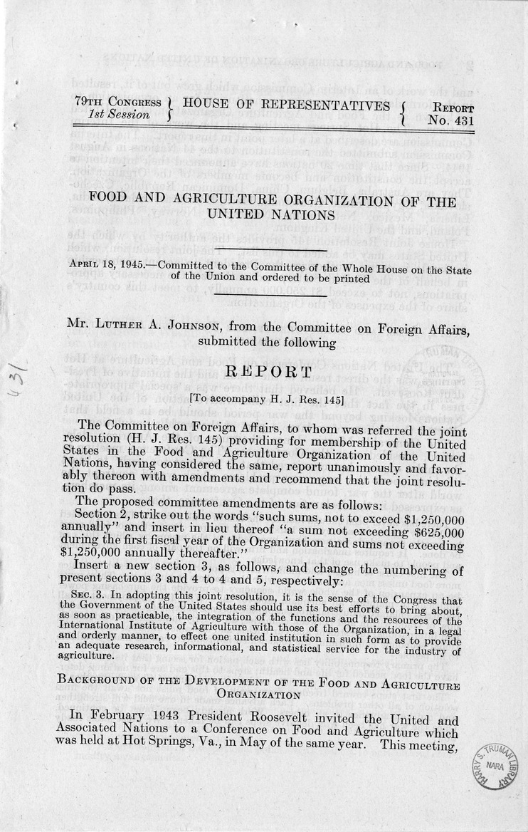 Memorandum from Harold D. Smith to M. C. Latta, H.J.Res. 145, Providing for Membership of the United States in the Food and Agriculture Organization of the United Nations, with Attachments