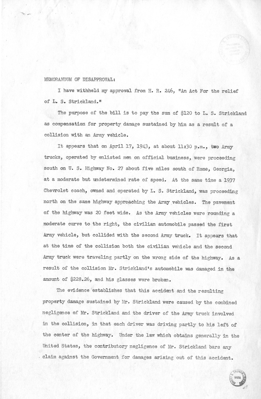 Memorandum from Harold D. Smith to M. C. Latta, H.R. 246, For the Relief of L. S. Strickland, with Attachments