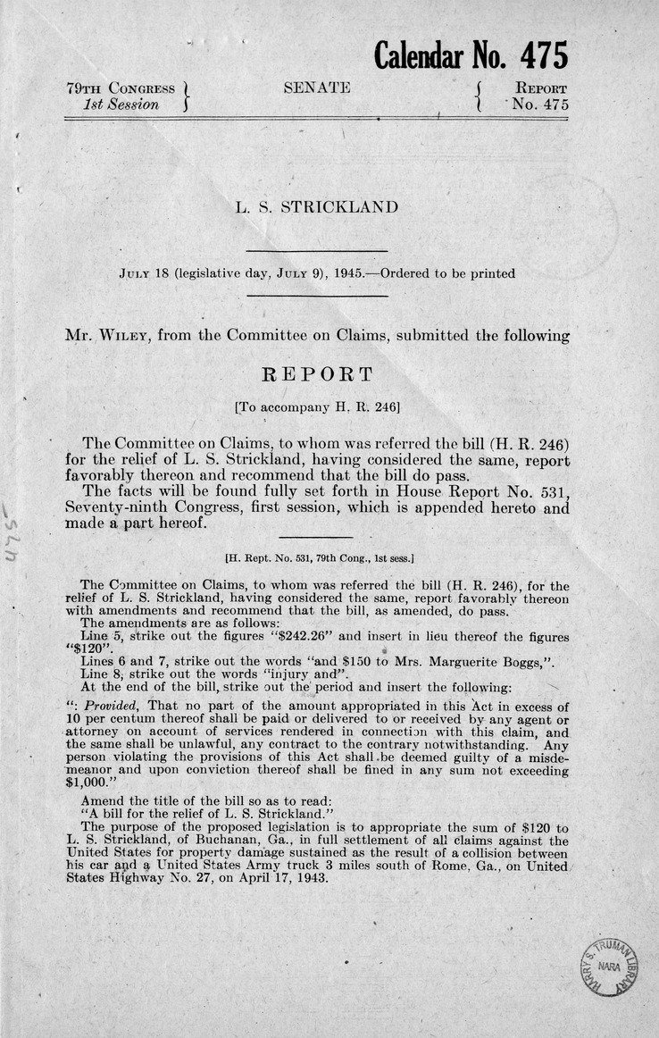 Memorandum from Harold D. Smith to M. C. Latta, H.R. 246, For the Relief of L. S. Strickland, with Attachments