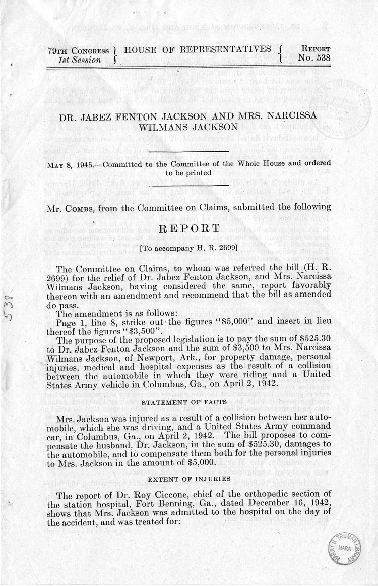 Memorandum from Harold D. Smith to M. C. Latta, H.R. 2699, For the Relief of Doctor Jabez Fenton Jackson and Mrs. Narcissa Wilmans Jackson, with Attachments
