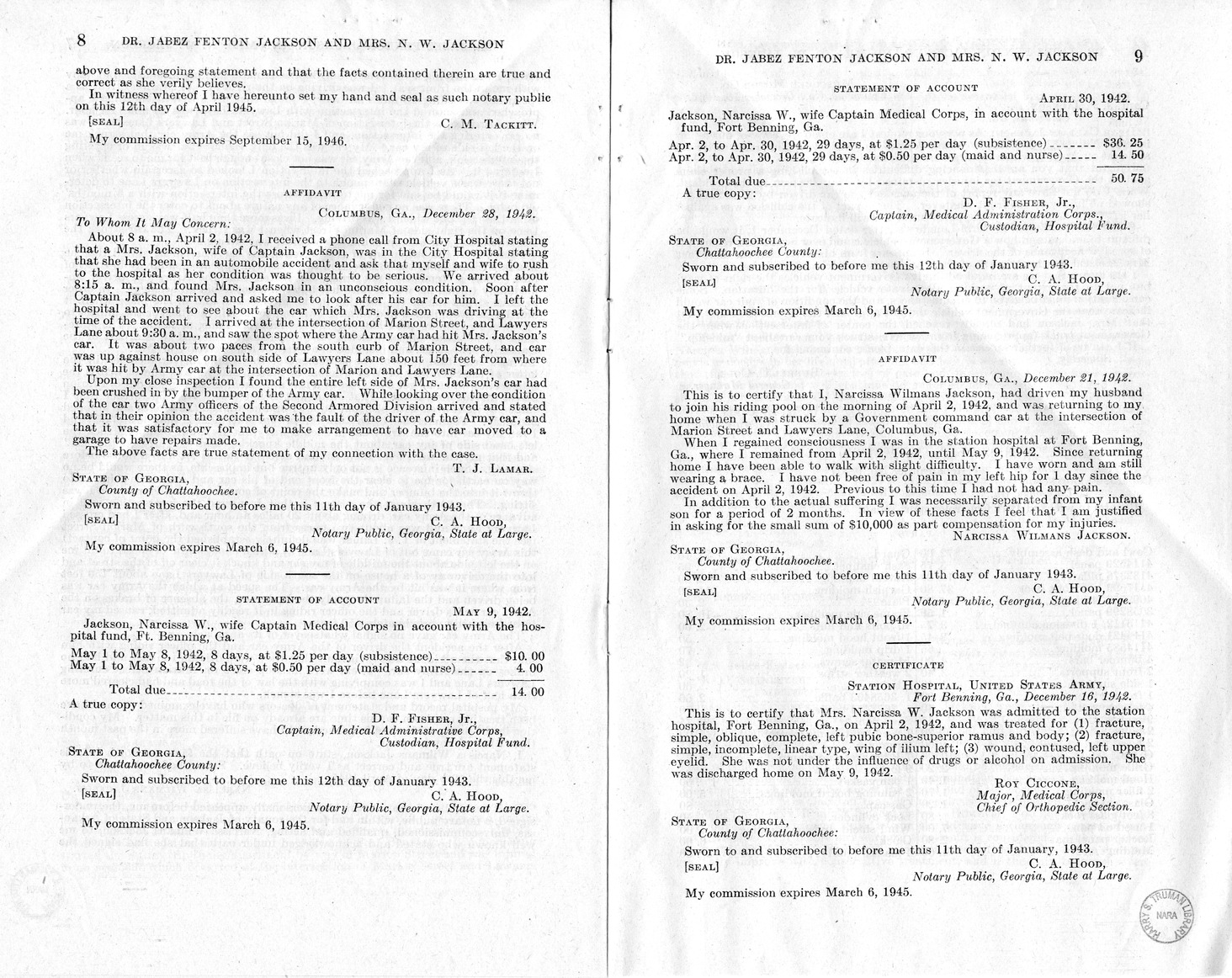 Memorandum from Harold D. Smith to M. C. Latta, H.R. 2699, For the Relief of Doctor Jabez Fenton Jackson and Mrs. Narcissa Wilmans Jackson, with Attachments