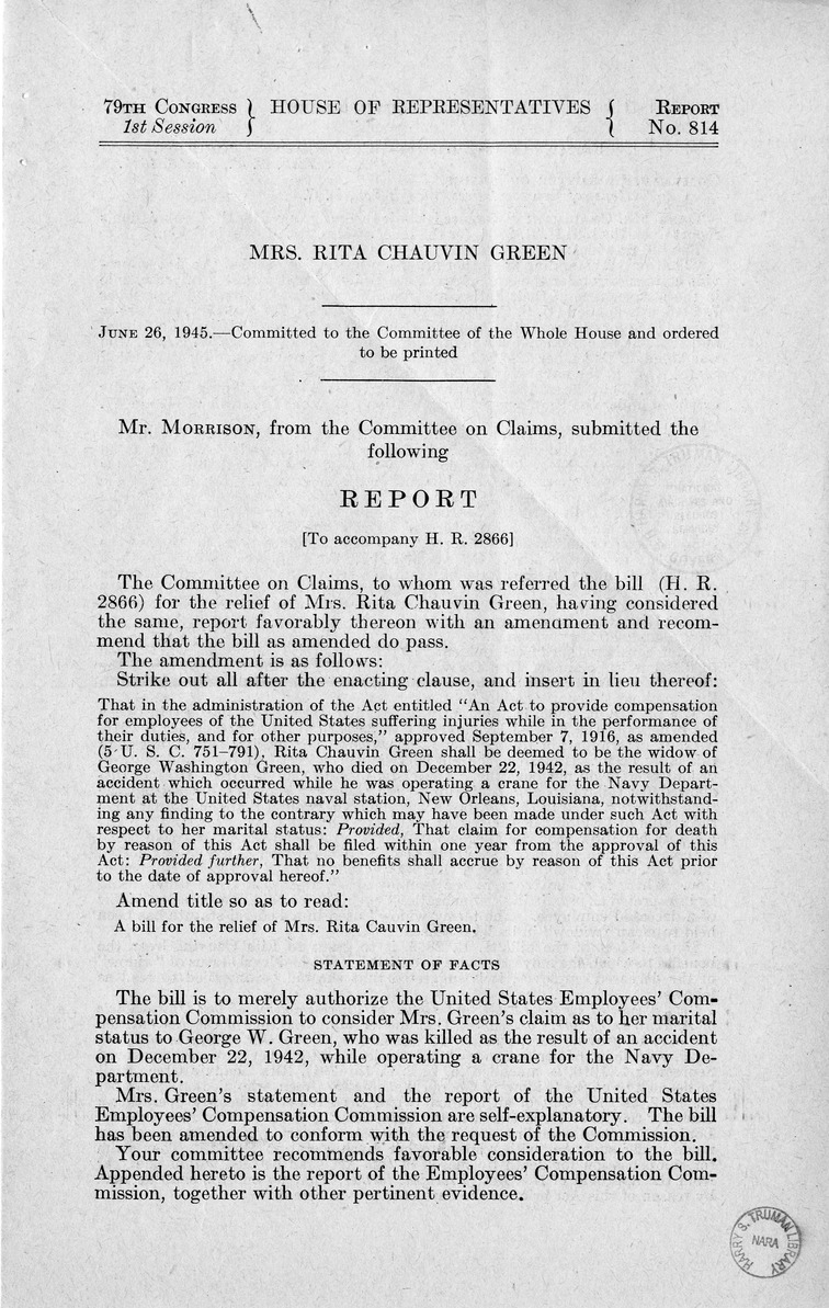 Memorandum from Harold D. Smith to M. C. Latta, H.R. 2866, For the Relief of Mrs. Rita Cauvin Green, with Attachments