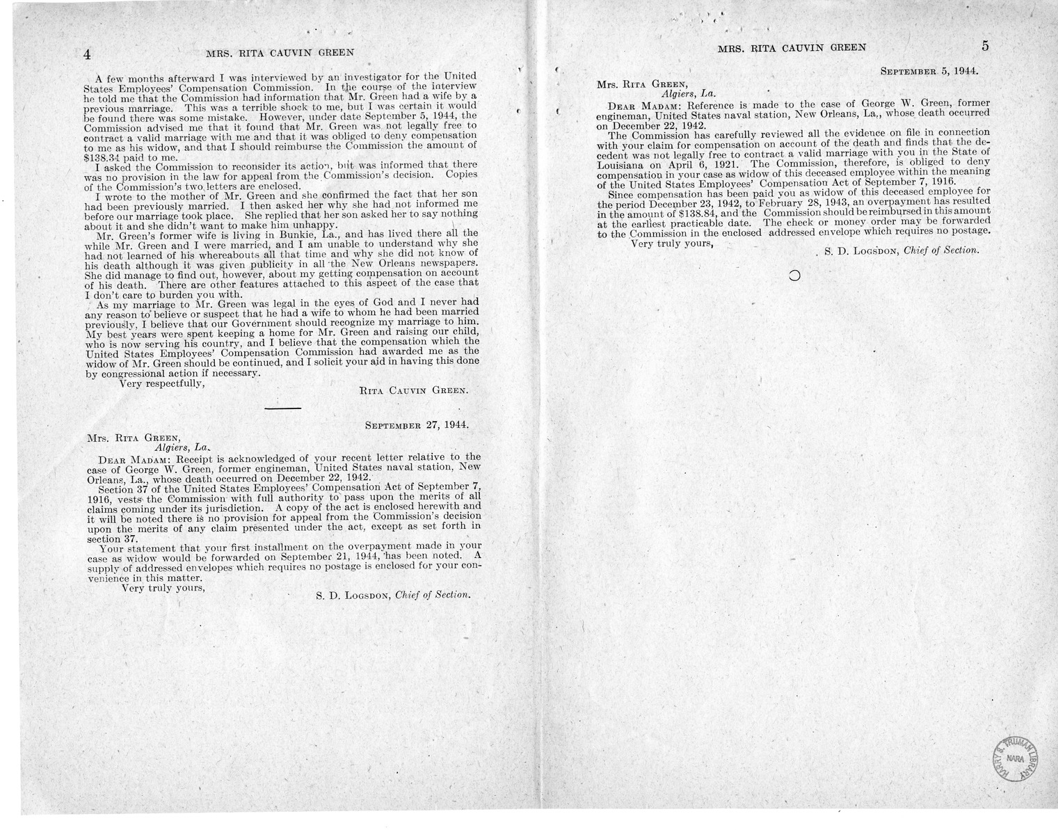 Memorandum from Harold D. Smith to M. C. Latta, H.R. 2866, For the Relief of Mrs. Rita Cauvin Green, with Attachments
