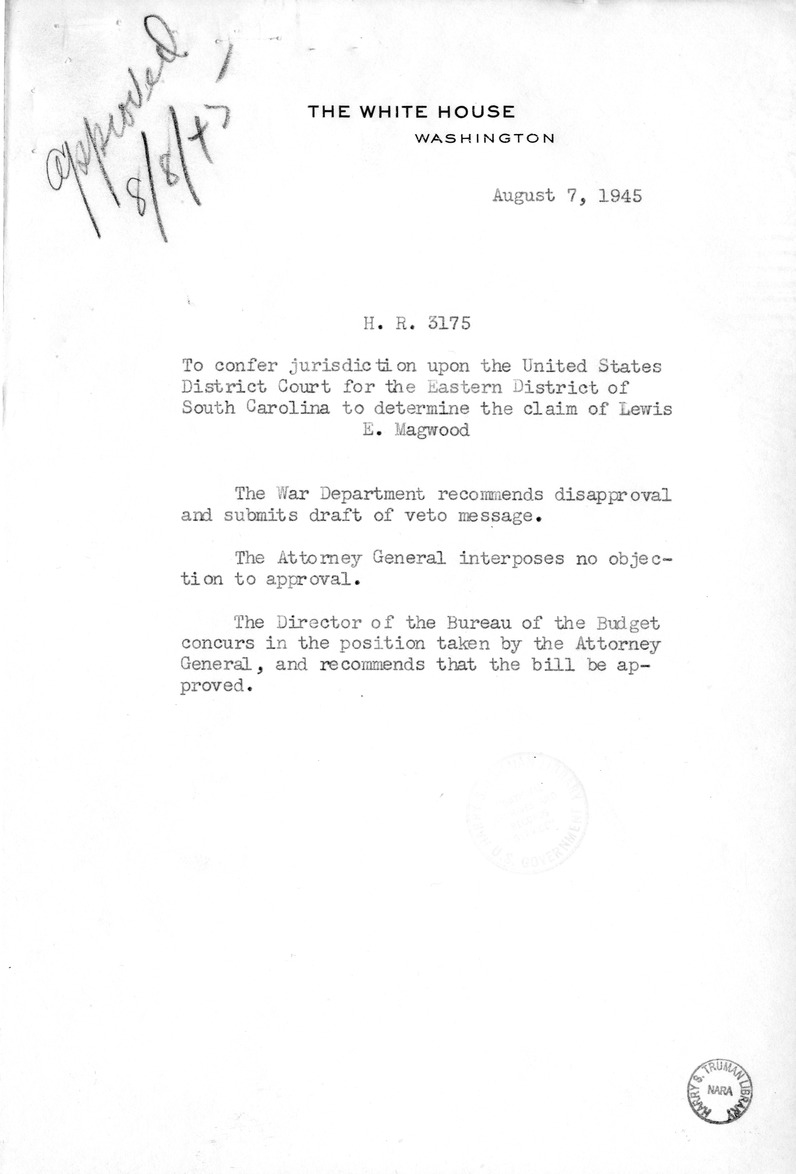 Memorandum from Harold D. Smith to M. C. Latta, H.R. 3175, To Confer Jurisdiction Upon the United States District Court for the Eastern District of South Carolina to Determine the Claim of Lewis E. Magwood, with Attachments
