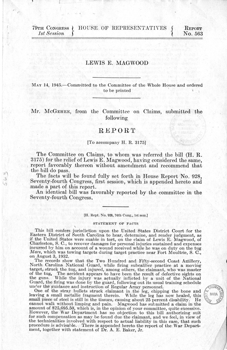 Memorandum from Harold D. Smith to M. C. Latta, H.R. 3175, To Confer Jurisdiction Upon the United States District Court for the Eastern District of South Carolina to Determine the Claim of Lewis E. Magwood, with Attachments