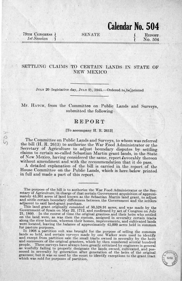 Memorandum from Harold D. Smith to M. C. Latta, H.R. 2613, To Authorize the War Food Administrator or the Secretary of Agriculture to Adjust Boundary Disputes by Settling Claims to Certain So-Called Sebastian Martin Grant Lands, in the State of New Mexico