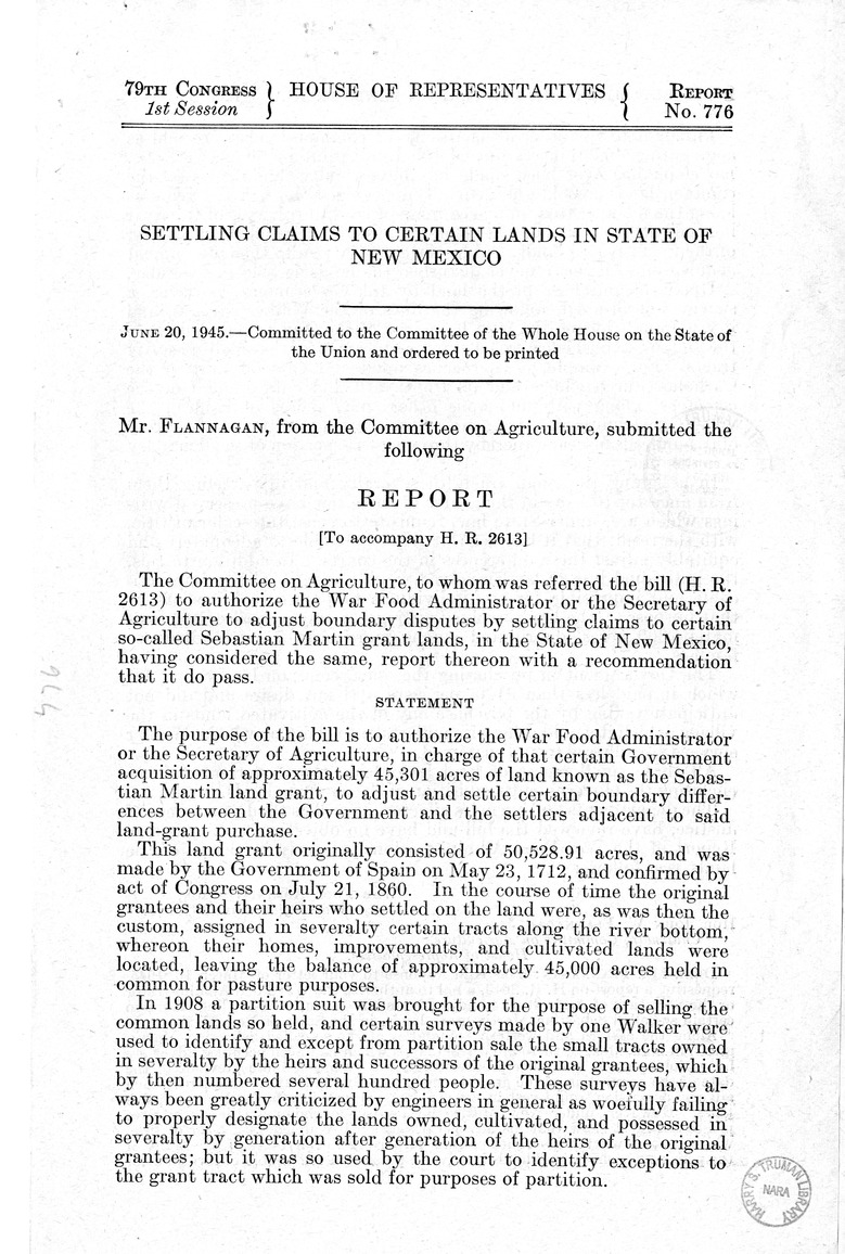Memorandum from Harold D. Smith to M. C. Latta, H.R. 2613, To Authorize the War Food Administrator or the Secretary of Agriculture to Adjust Boundary Disputes by Settling Claims to Certain So-Called Sebastian Martin Grant Lands, in the State of New Mexico