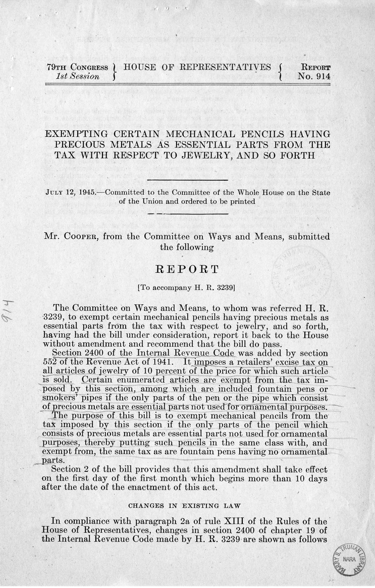 Memorandum from Frederick J. Bailey to M. C. Latta, H.R. 3239, to Exempt Certain Mechanical Pencils Having Precious Metals as Essential Parts from the Tax with Respect to Jewelry, with Attachments