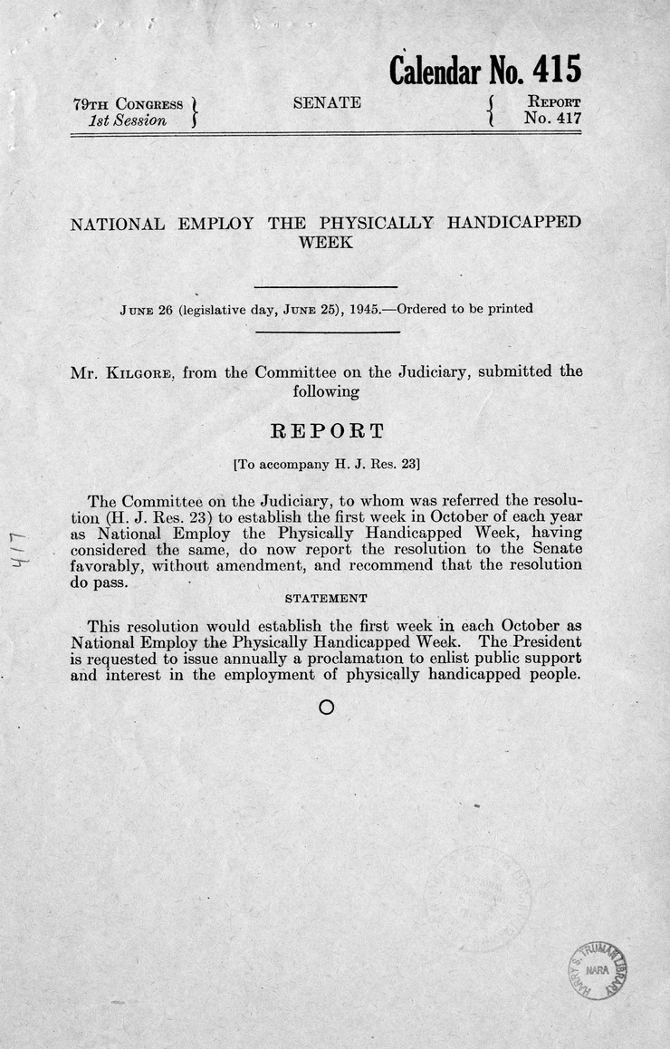 Memorandum from Harold D. Smith to M. C. Latta, H.J. Res. 23, To Establish the First Week in October of Each Year as National Employ the Physically Handicapped Week, with Attachments