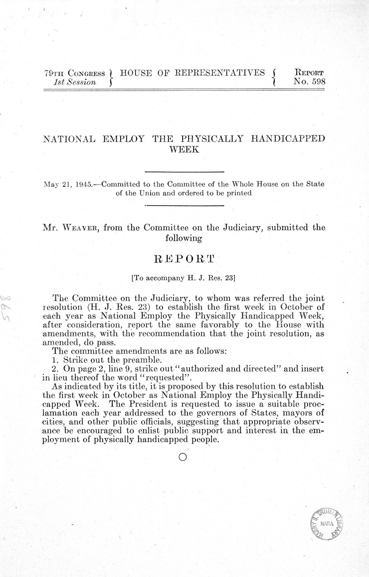 Memorandum from Harold D. Smith to M. C. Latta, H.J. Res. 23, To Establish the First Week in October of Each Year as National Employ the Physically Handicapped Week, with Attachments