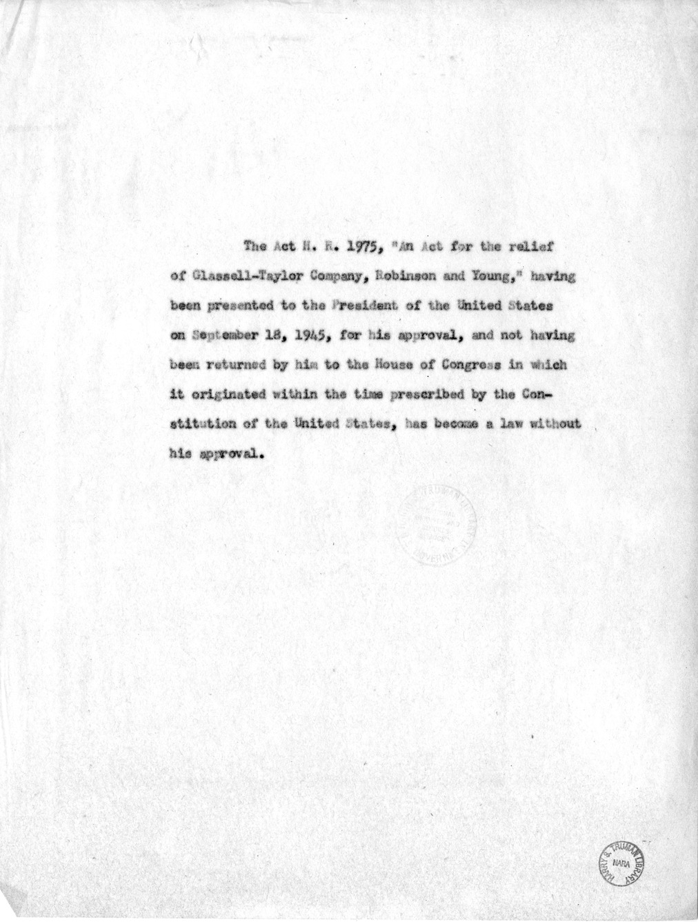 Memorandum for the File, H.R. 1975, For the Relief of Glassell-Taylor Company, Robinson and Young