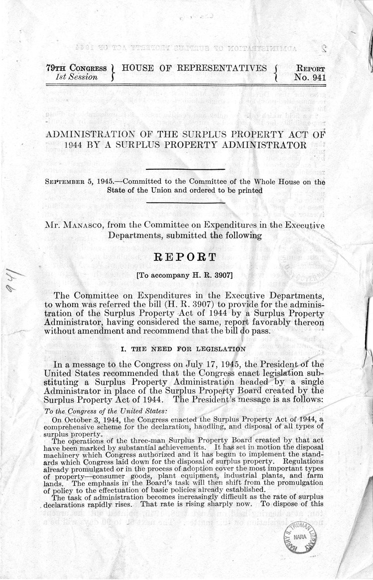 Memorandum from Harold D. Smith to M. C. Latta, H.R. 3907, to Provide for Administration of the Surplus Property Act of 1944 by a Surplus Property Administrator, with Attachments