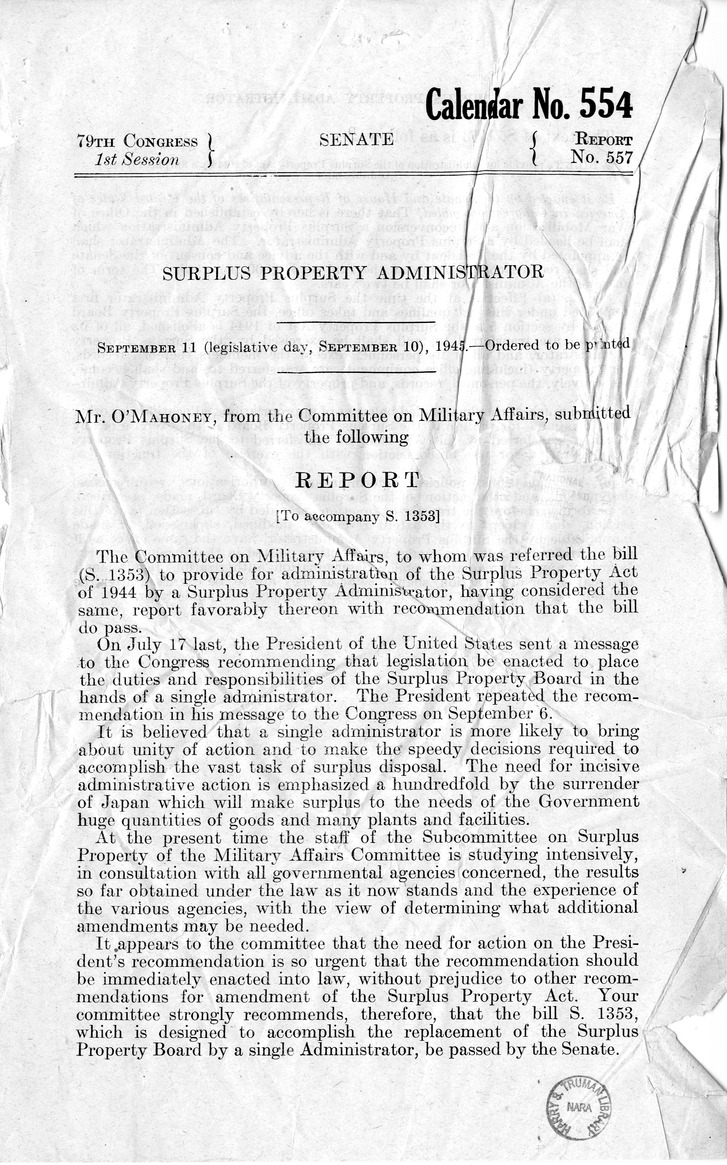 Memorandum from Harold D. Smith to M. C. Latta, H.R. 3907, to Provide for Administration of the Surplus Property Act of 1944 by a Surplus Property Administrator, with Attachments