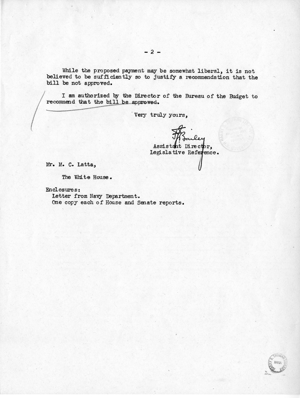 Memorandum from Frederick J. Bailey to M. C. Latta, H.R. 999, For the Relief of Lily L. Carren, with Attachments