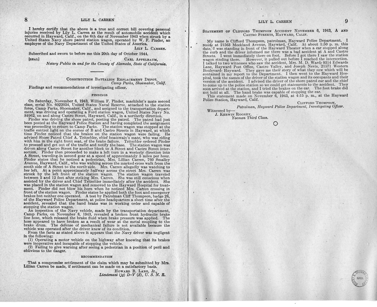 Memorandum from Frederick J. Bailey to M. C. Latta, H.R. 999, For the Relief of Lily L. Carren, with Attachments