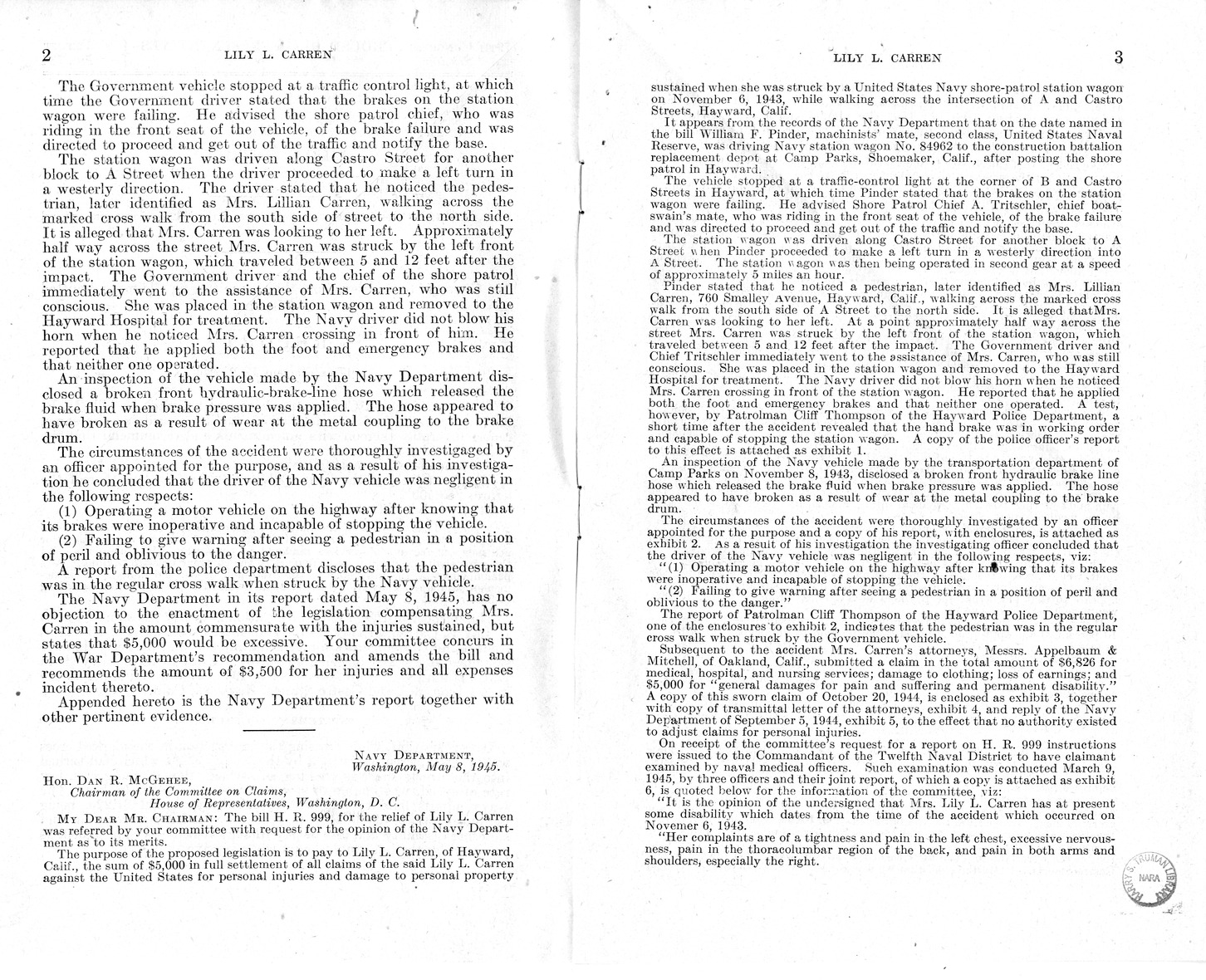 Memorandum from Frederick J. Bailey to M. C. Latta, H.R. 999, For the Relief of Lily L. Carren, with Attachments