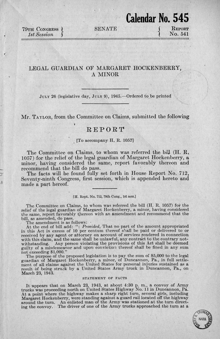 Memorandum from Frederick J. Bailey to M. C. Latta, H.R. 1057, For the Relief of the Legal Guardian of Margaret Hockenberry, a Minor, with Attachments