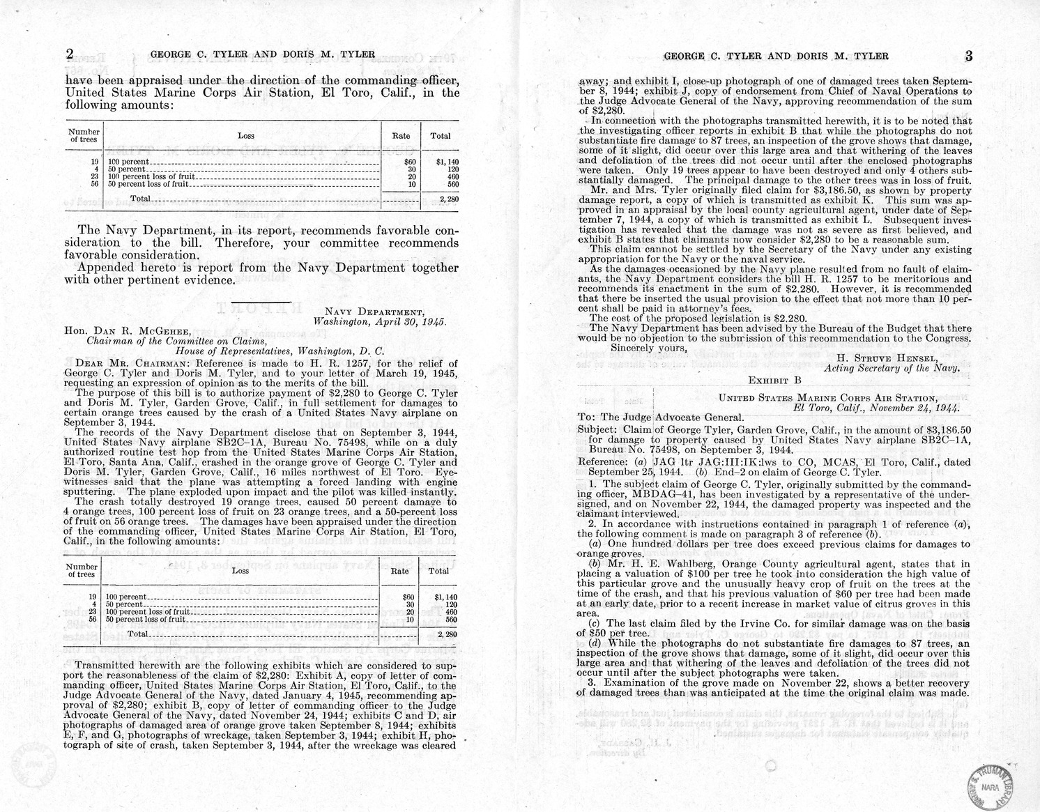 Memorandum from Frederick J. Bailey to M. C. Latta, H.R. 1257, for the Relief of George C. Tyler and Doris M. Tyler, with Attachments
