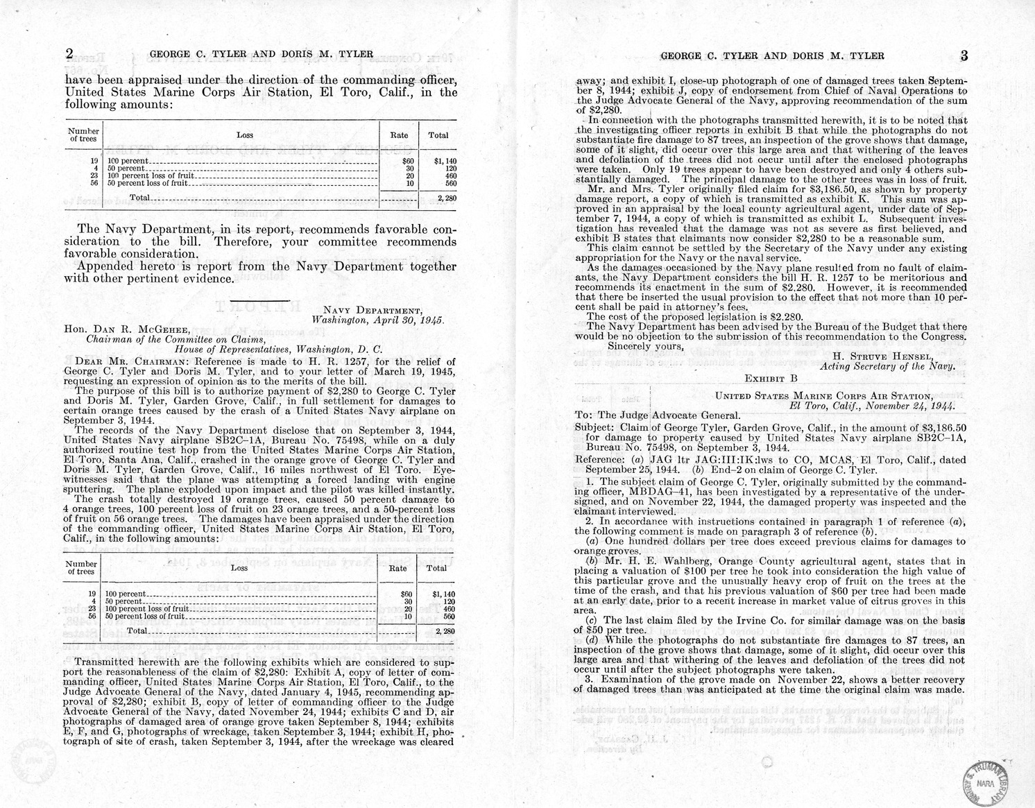 Memorandum from Frederick J. Bailey to M. C. Latta, H.R. 1257, for the Relief of George C. Tyler and Doris M. Tyler, with Attachments