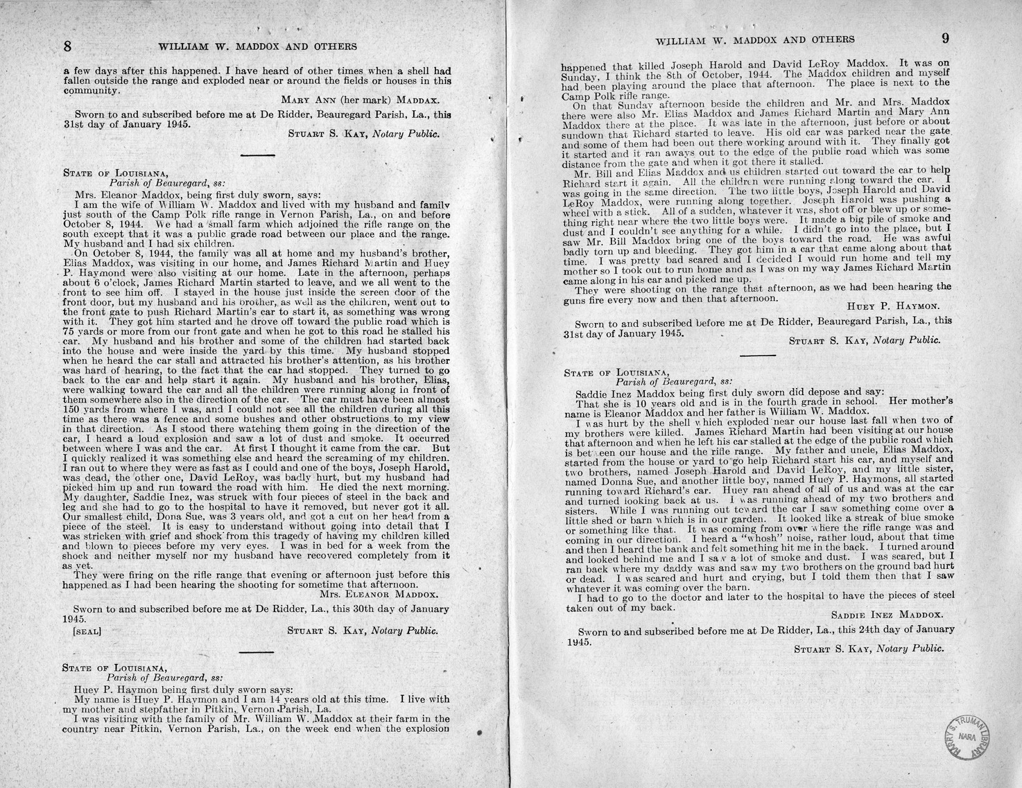 Memorandum from Frederick J. Bailey to M. C. Latta, H.R. 1564, For the Relief of William W. Maddox and the Legal Guardian of Donna Sue Maddox and Saddie Inez Maddox, with Attachments