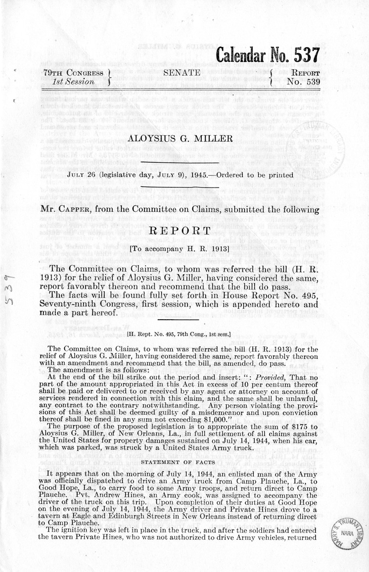 Memorandum from Frederick J. Bailey to M. C. Latta, H.R. 1913, For the Relief of Aloysious G. Miller, with Attachments