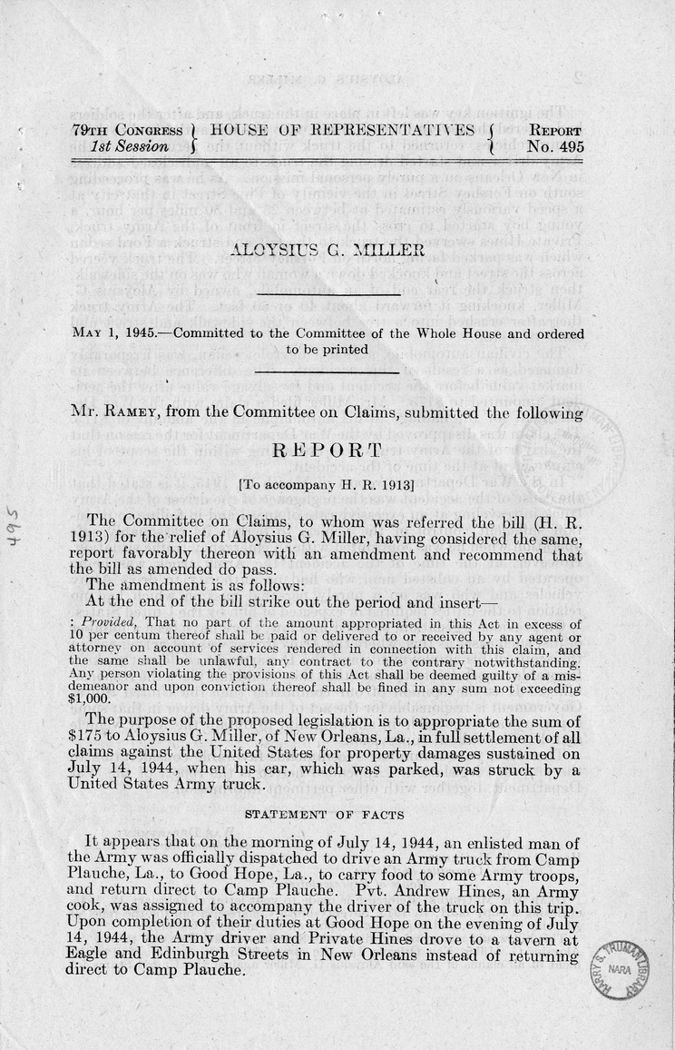 Memorandum from Frederick J. Bailey to M. C. Latta, H.R. 1913, For the Relief of Aloysious G. Miller, with Attachments