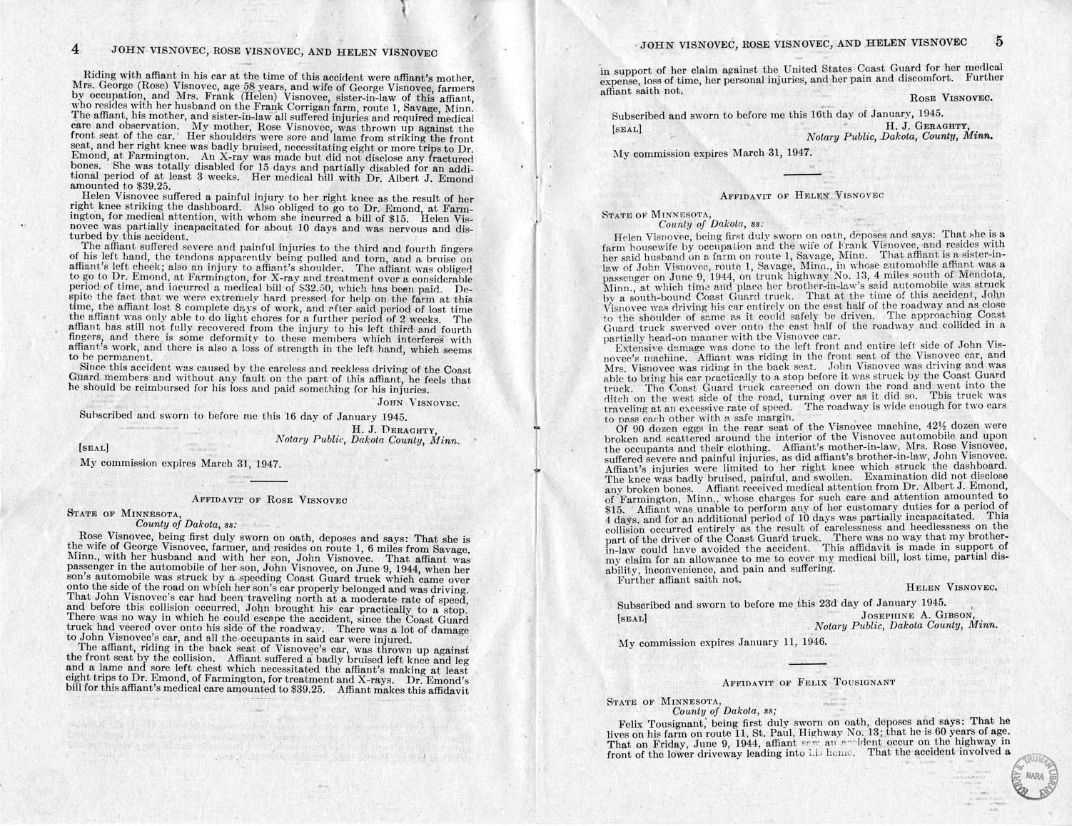 Memorandum from Frederick J. Bailey to M. C. Latta, H.R. 2028, For the Relief of John Visnovec, Rose Visnovec, and Helen Visnovec, with Attachments