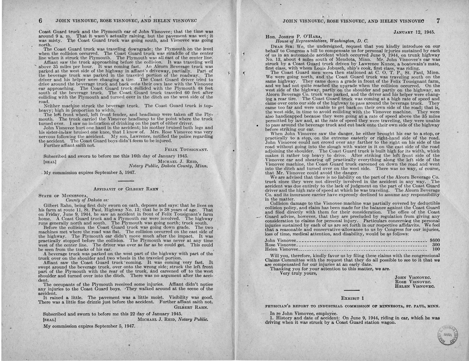 Memorandum from Frederick J. Bailey to M. C. Latta, H.R. 2028, For the Relief of John Visnovec, Rose Visnovec, and Helen Visnovec, with Attachments