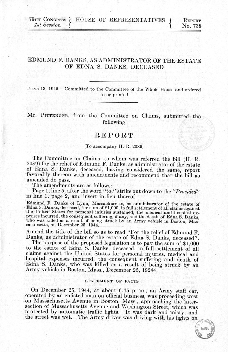 Memorandum from Frederick J. Bailey to M. C. Latta, H.R. 2089, for the Relief of Edmund F. Danks, as the Administrator of the Estate of Edna S. Danks, Deceased, with Attachments