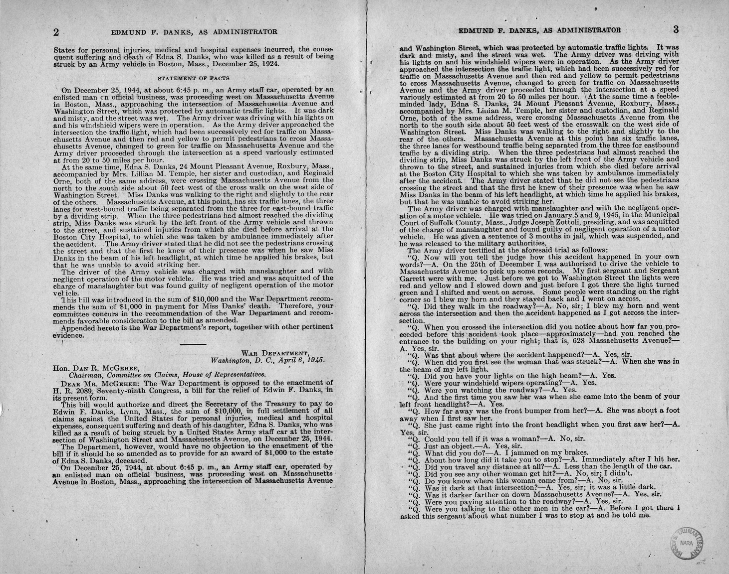 Memorandum from Frederick J. Bailey to M. C. Latta, H.R. 2089, for the Relief of Edmund F. Danks, as the Administrator of the Estate of Edna S. Danks, Deceased, with Attachments