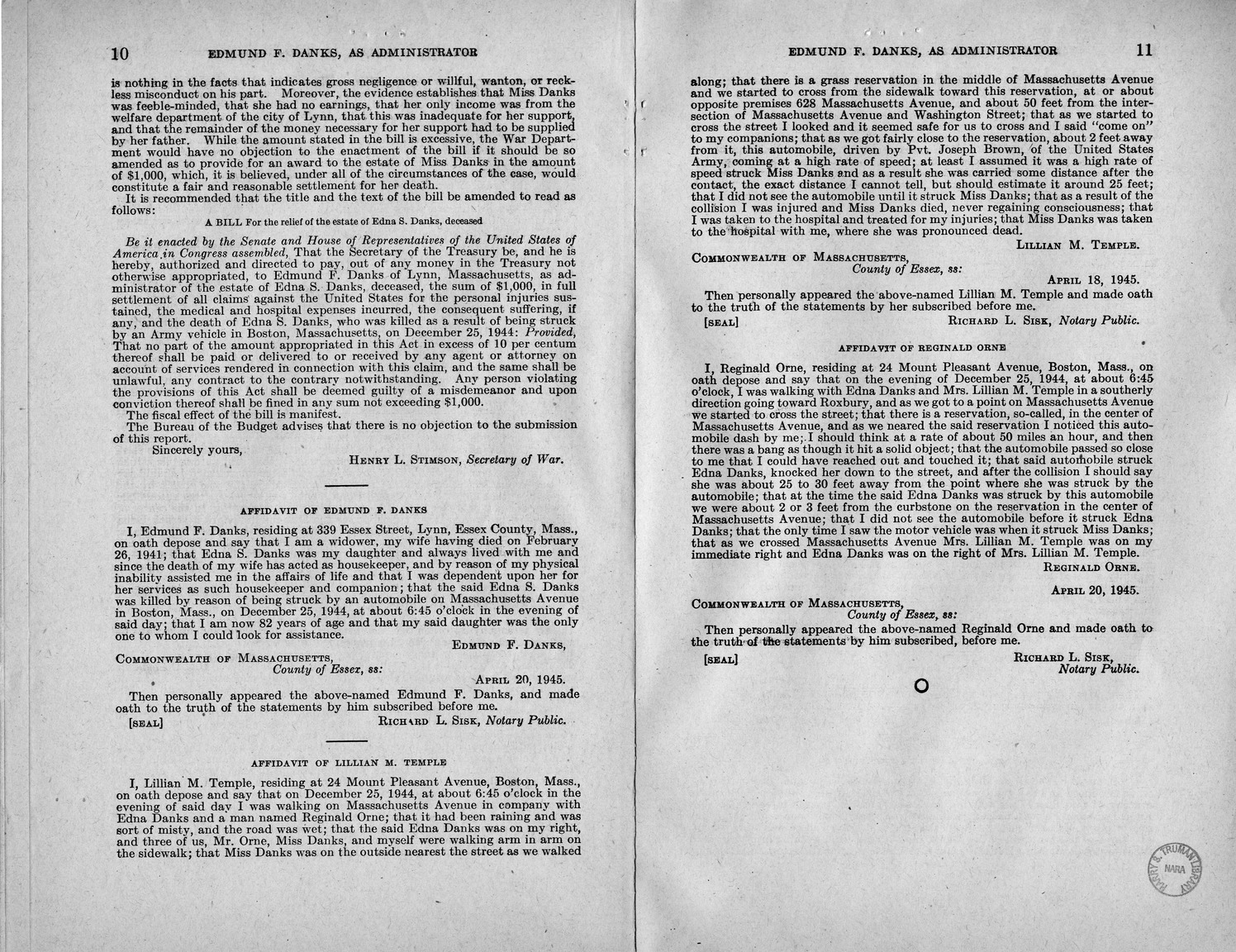 Memorandum from Frederick J. Bailey to M. C. Latta, H.R. 2089, for the Relief of Edmund F. Danks, as the Administrator of the Estate of Edna S. Danks, Deceased, with Attachments