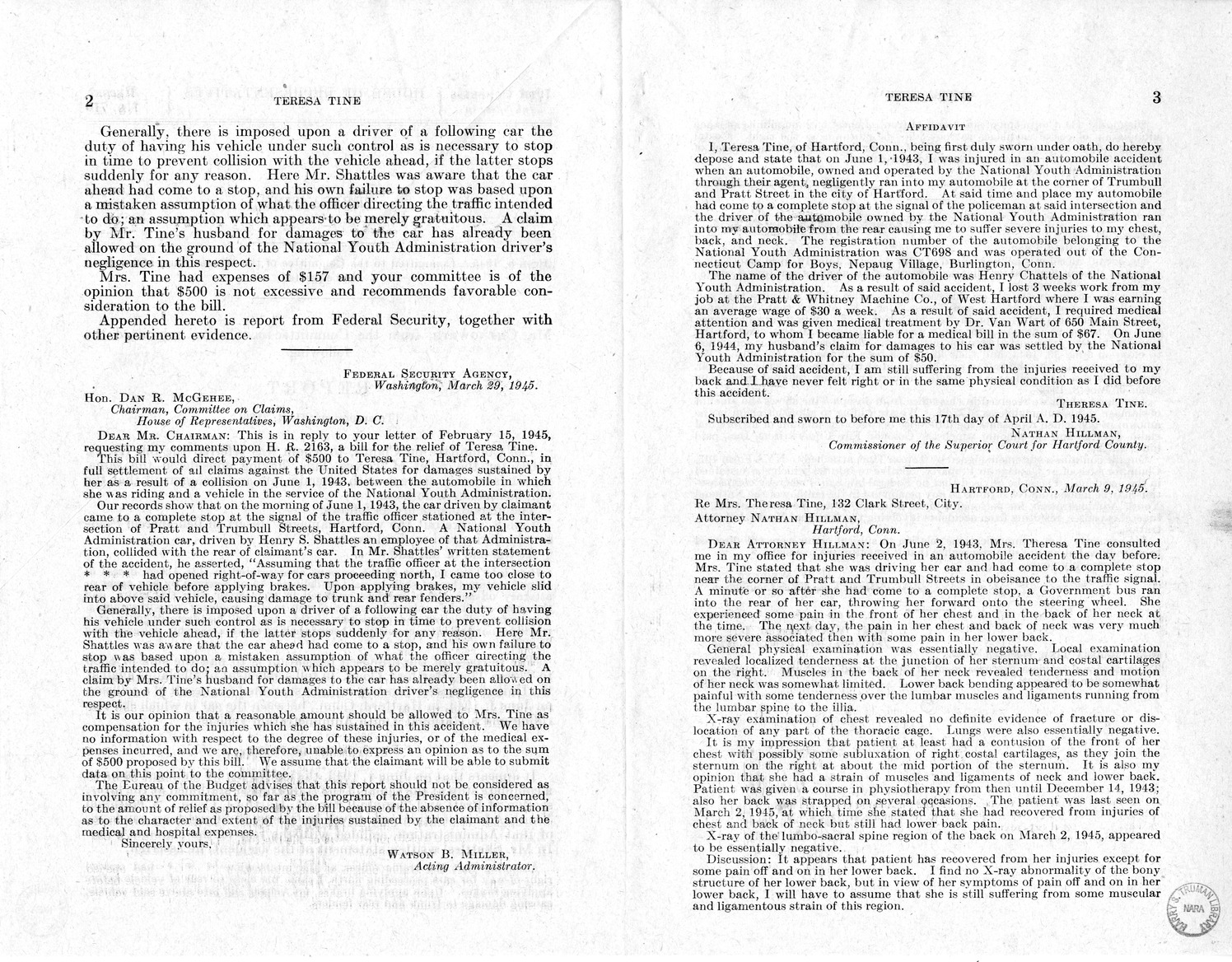 Memorandum from Frederick J. Bailey to M. C. Latta, H.R. 2163, for the Relief of Teresa Tine, with Attachments